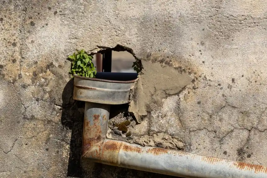 A rusty drain pipe embedded in a weathered wall with green foliage emerging through a hole.